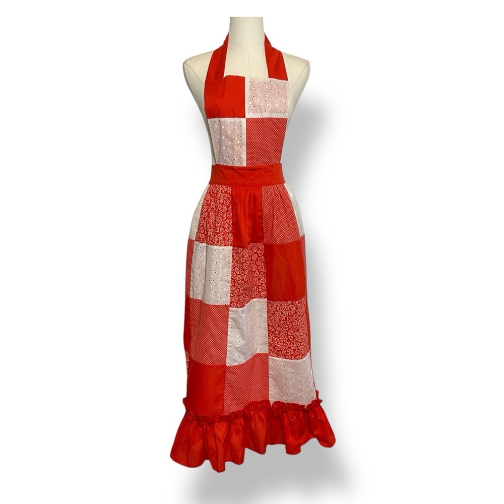 Vintage 70s Apron Long Patchwork‎ Red White Ruffle Retro 1970s Maxi Cottagecore